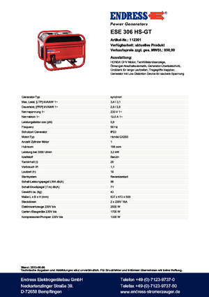 Benzines generátorok Endress ESE 306 HS-GT