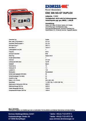 Benzines generátorok Endress ESE 306 SG-GT Duplex