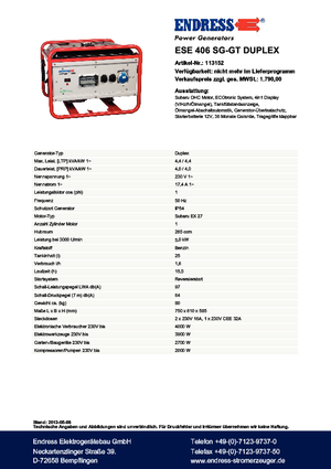 Benzines generátorok Endress ESE 406 SG-GT Duplex