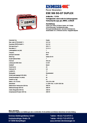 Benzines generátorok Endress ESE 506 SG-GT Duplex