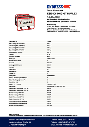 Benzines generátorok Endress ESE 606 DHG-GT Duplex