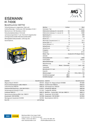 Benzines generátorok Eisemann H 7400 E