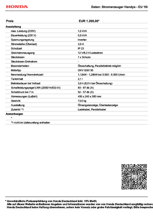 Benzines generátorok Honda EU 10i