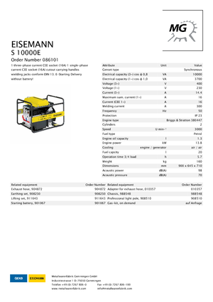 Benzines generátorok Eisemann S 10000 E