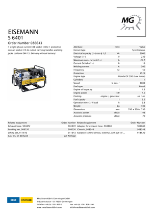 Benzines generátorok Eisemann S 6401