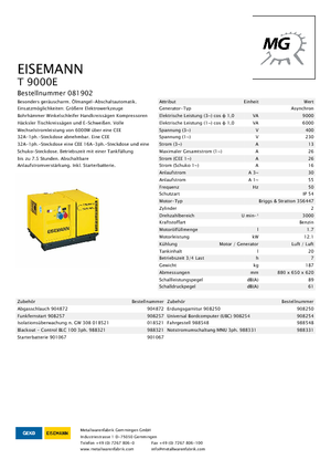Benzines generátorok Eisemann T 9000 E