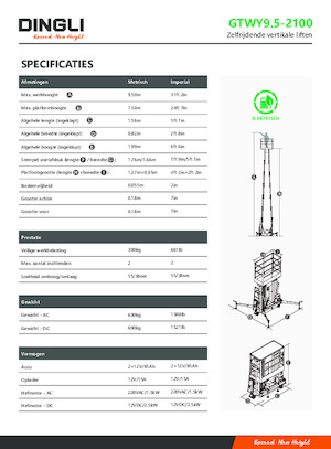 Gumikerekes vertikális emelésű munkaállványok Dingli GTWY9.5-2100