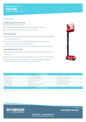 Gumikerekes vertikális emelésű munkaállványok Sinoboom VM160EL