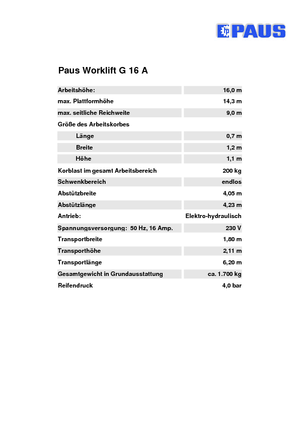 Tehergépkocsira szerelt csuklógémes munkaállványok Paus Worklift GT 16 A