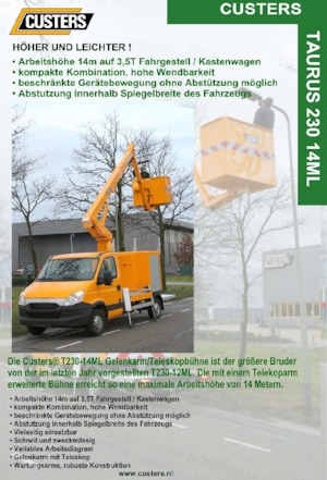 Tehergépkocsira szerelt csuklógémes munkaállványok Custers Taurus 230-14 ML