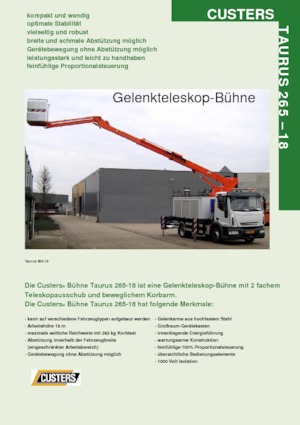 Tehergépkocsira szerelt csuklógémes munkaállványok Custers Taurus 265-18